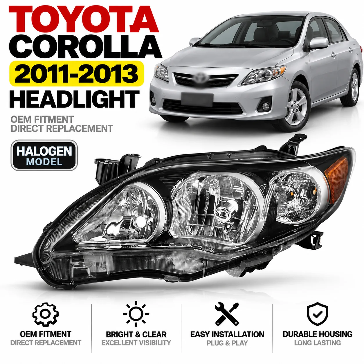For Toyota Corolla 2011 2012 2013 Front Bumper Head Light Headlamp Driving Headlight Turn Signal Light Black Housing LE XLE