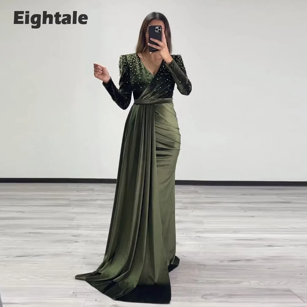 Eightale Velvet Evening Dress for Wedding Party V-Neck Beaded Olive Green Mermaid Customized Long Sleeves Prom Gown