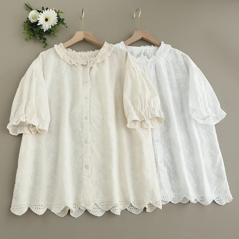

Summer Japanese Sweet Mori Girl Embroidery Hollow Out 100% Cotton Shirts Women Solid Color O-Neck Short Sleeve Casual Blouse Top