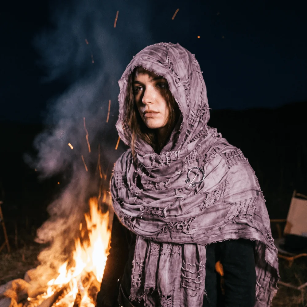 Gothic Distressed Hooded Scarf Polyester Metal Brooch Halloween Viking Cosplay Wrap Costume Accessory Adjustable Medieval Shawl