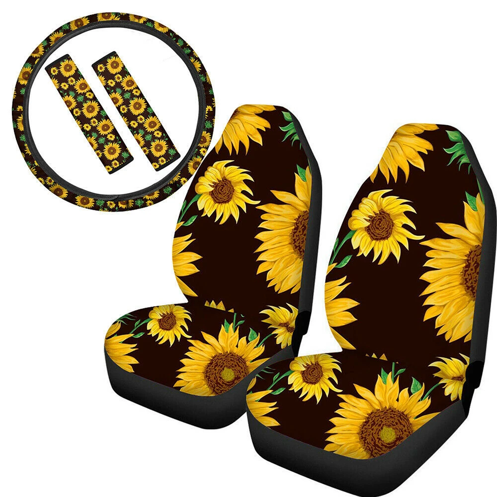 

Sunflower Car Seat Cover Five Piece Full Coverage Sunflower Flower High Back Printed Armrest Pad Steering Wheel Cover