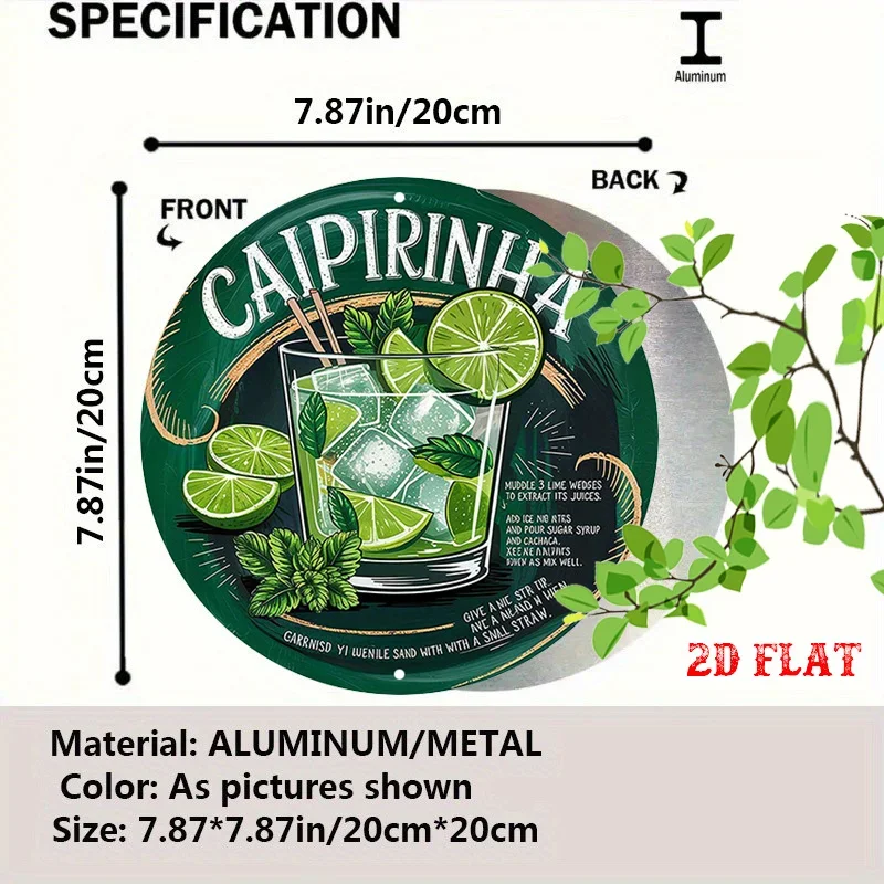 2D Flat Round Metal Sign Caipirinha Cocktail Metal Tin Sign Lime Mint Drink Metal Wall Art Waterproof Home Decor Bar Pub Kitchen