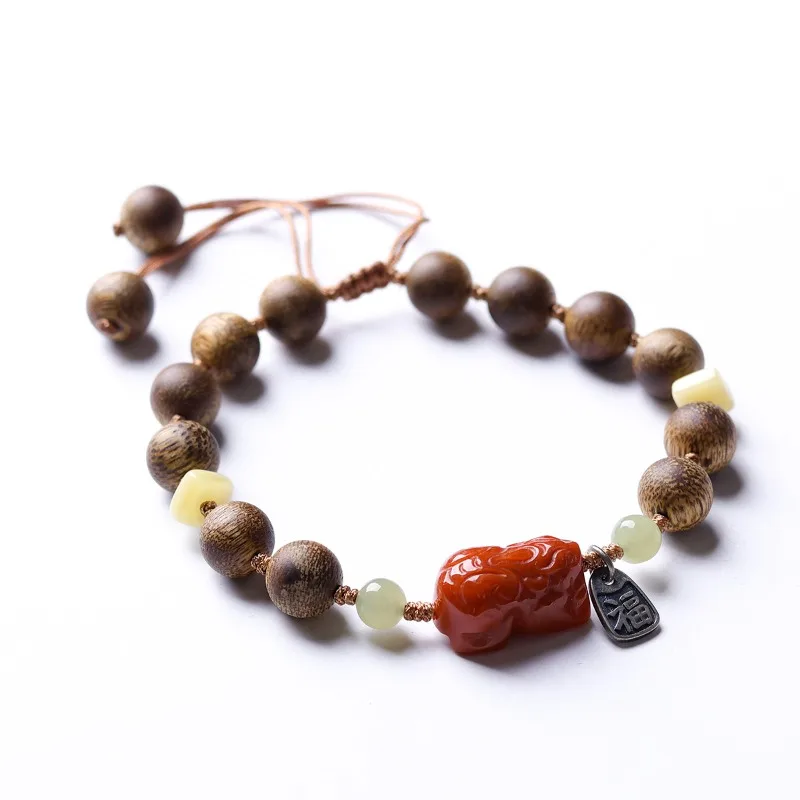 Red Jade Pixiu Green Agarwood Handwoven Bracelet Hetian Jade Chinese Style Bracelet Gifts