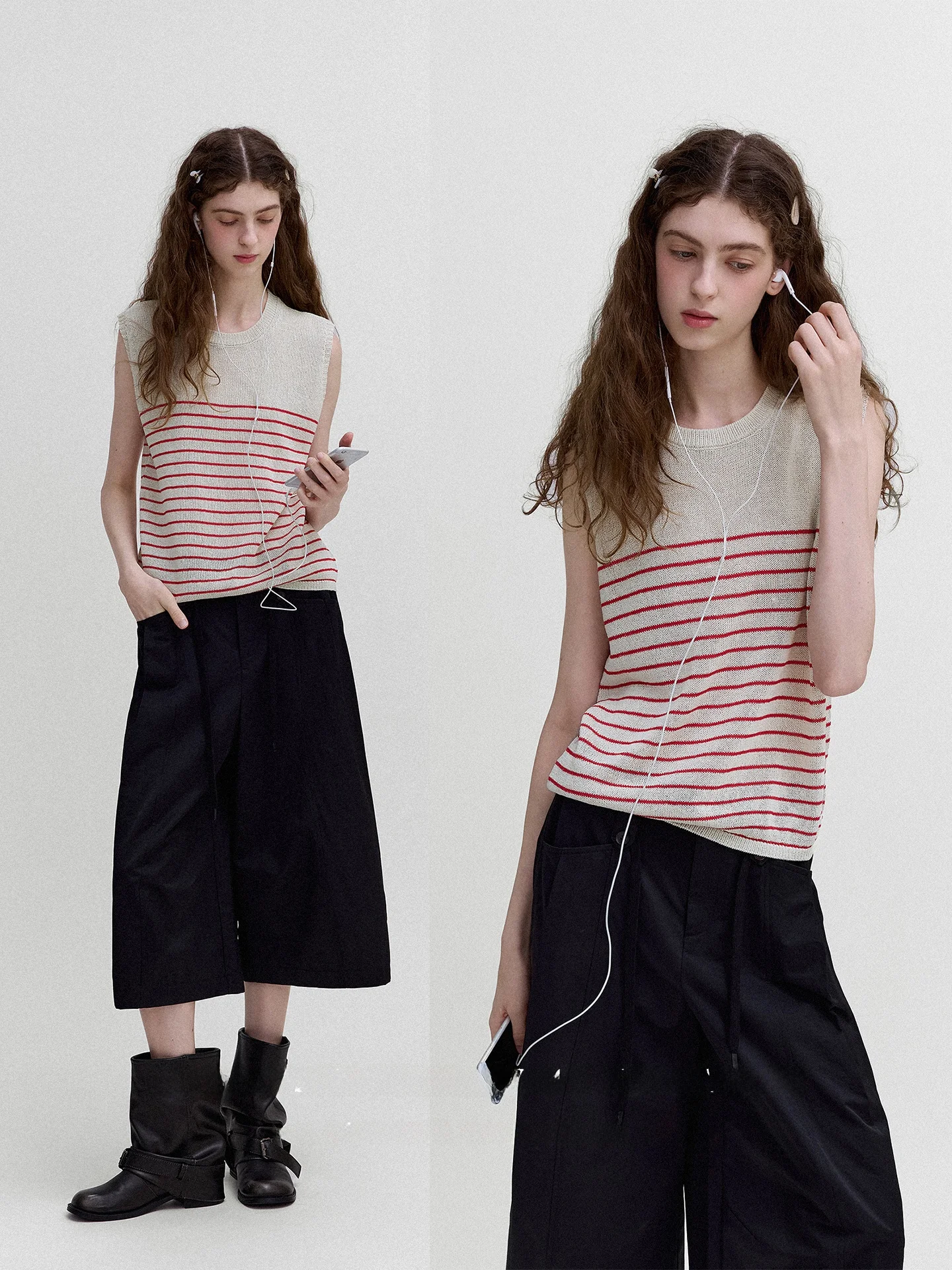 LetM Nordic Summer Vintage Paper Silk Cotton Blend Striped Color Block round Neck Sleeveless Vest Women's Casual Wear