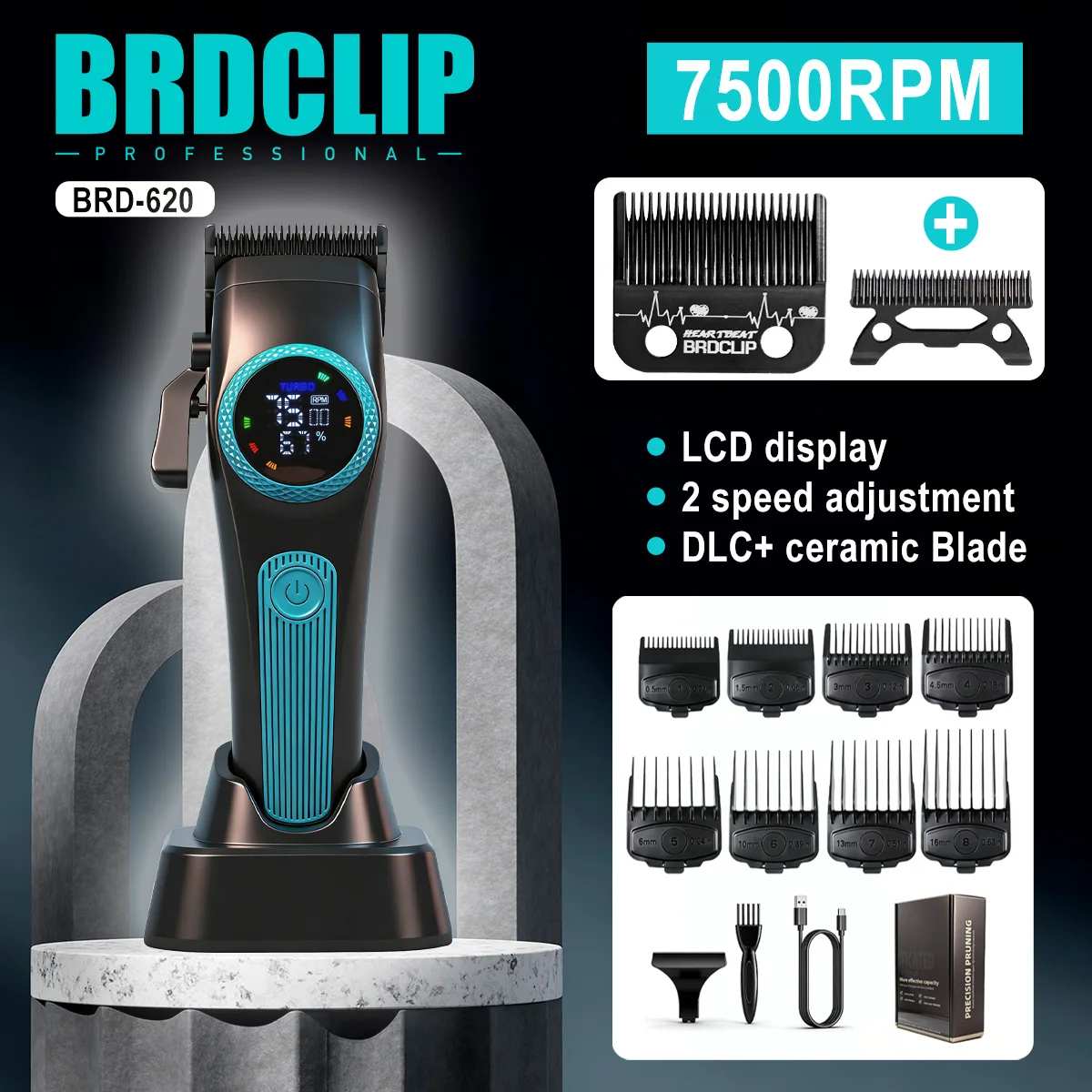 Professional Barber Hair Clipper 2-Speed 7500RPM DLC Blades BRD-620 with Base Charger LCD Display Haircut Machine Salon Use