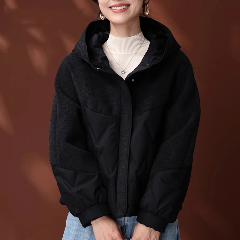 Winter Fashion Splicing Hooded Down Jacket Women White Duck Down Double Pocket Outwears Female Thicken Warm Zipper Parker Jacket