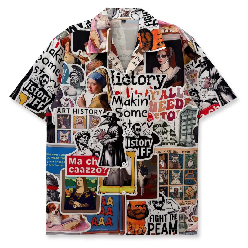 European Style Newspaper Shirts Men Camisa Social Masculina Ropa Hombre Casual Short Sleeve Casual Shirt Party Dress Shirts Men