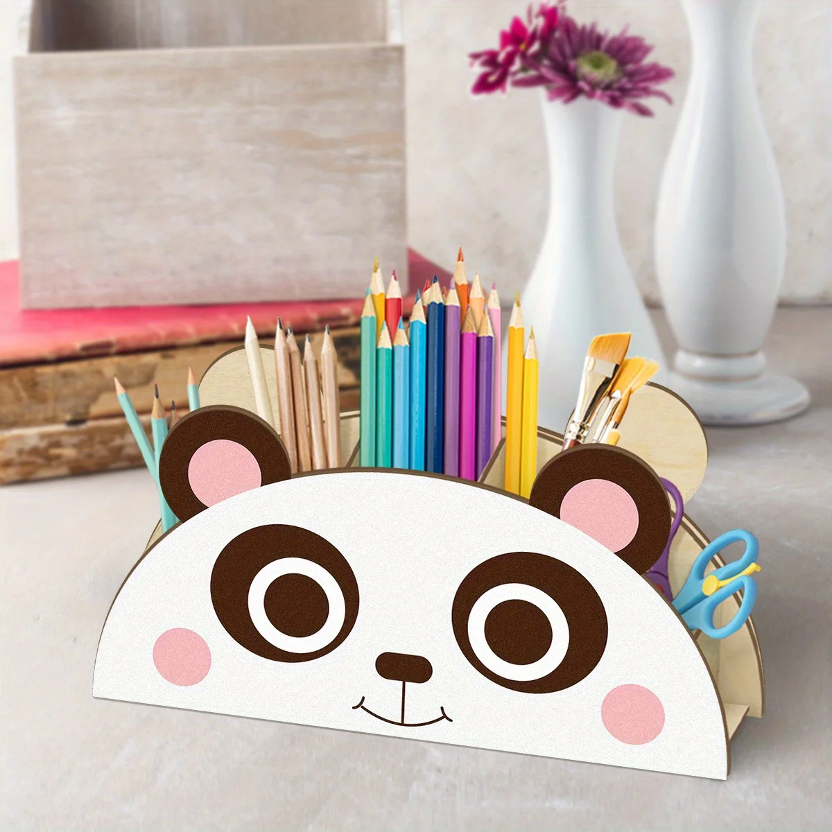 Panda Shaped Wooden Pen Holder Cute Cartoon Style Desktop Storage Rack Makeup Brushes Creative Artistic Stationery Office Gift