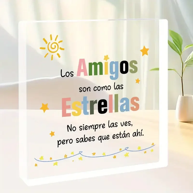 2D Flat, Invisible Friend Gift Original Acrylic Puzzle - Colorful Spanish Friendship Quote with Stars & Sun Design, Contemporar
