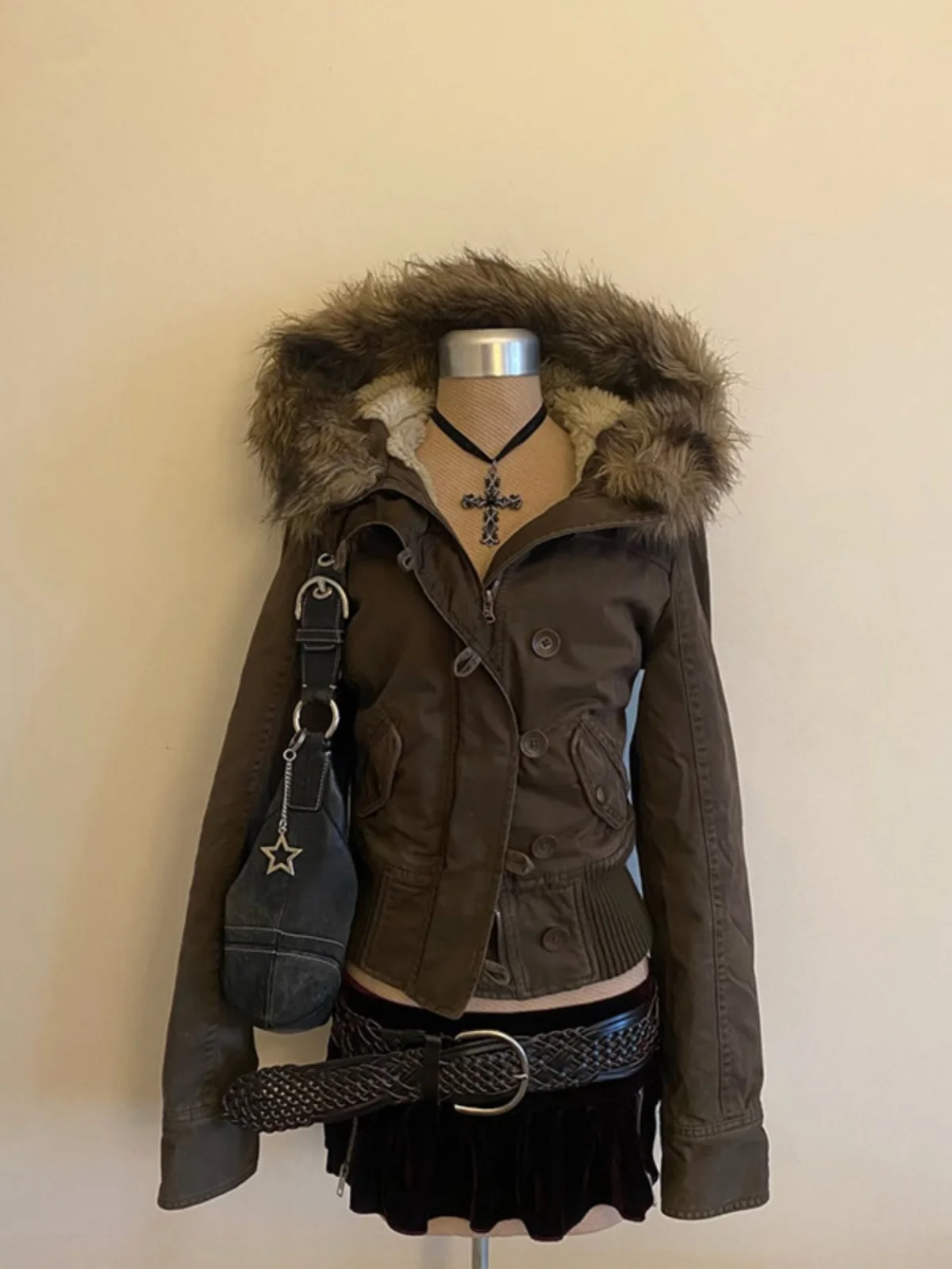 

Ice Water Rabbit Original Lamb Fur Hooded Jaet Women's Autumn Winter American Retro Design Sense Pilot Coat Warm Cotton Blend