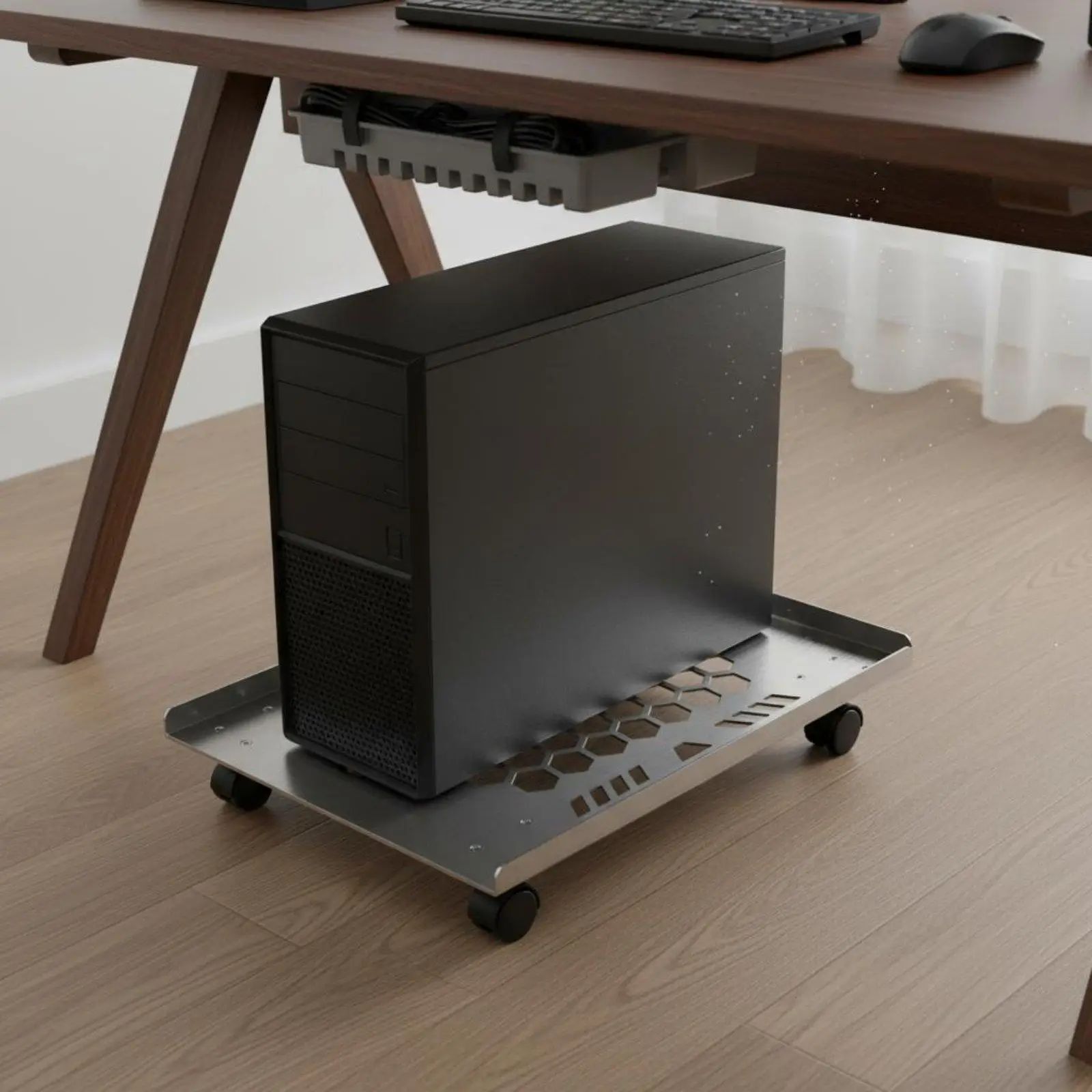 Support de tour d'ordinateur réglable, chariot roulant robuste en acier inoxydable avec base large et roues pour bureau d'ordinateur en forme de L