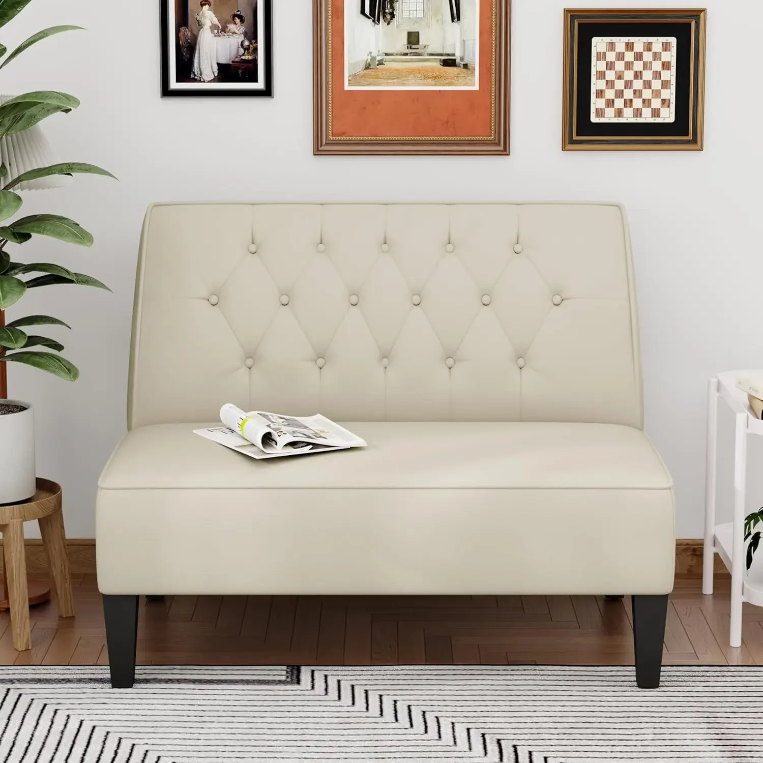 Bedroom, Modern Anti Scratch Cushioned Armless Settee Small Love Seat Sofa Faux Leather Living Room Couch-Beige