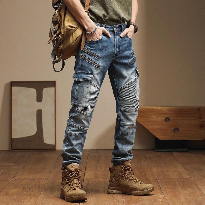 New American high-end trend slim personality multi-pocket splicing biker small leg pants retro men's jeans pants man
