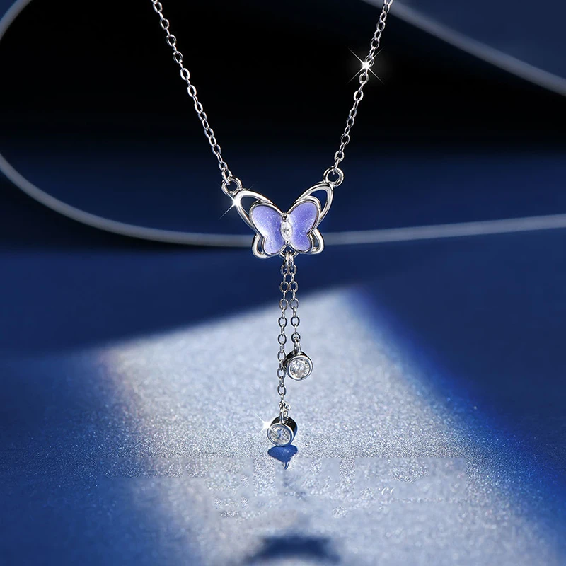 Blue-purple Oil Drop Butterfly Zircon Dangle Tassel Pendant Necklace Rhinestone Chain Woman Fashion Accessory Friendship Gift