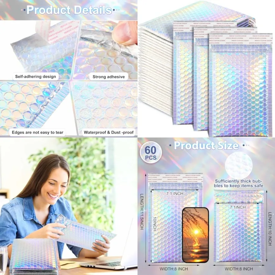 

0 Pcs Holographic Bubble Mailers Metallic Bubble Envelopes Waterproof Self Seal Shipping Bags Thick Cushioning Mailers for Make