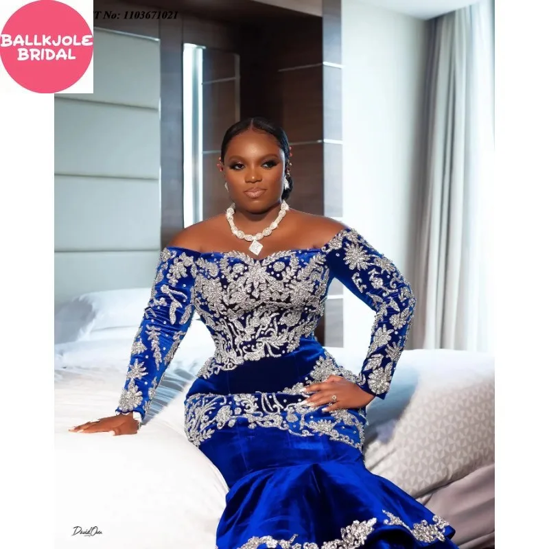 Personalizado azul real sereia vestido de baile manga longa veludo em camadas aso ebi vestido formal africano tradicional vestido de festa de casamento