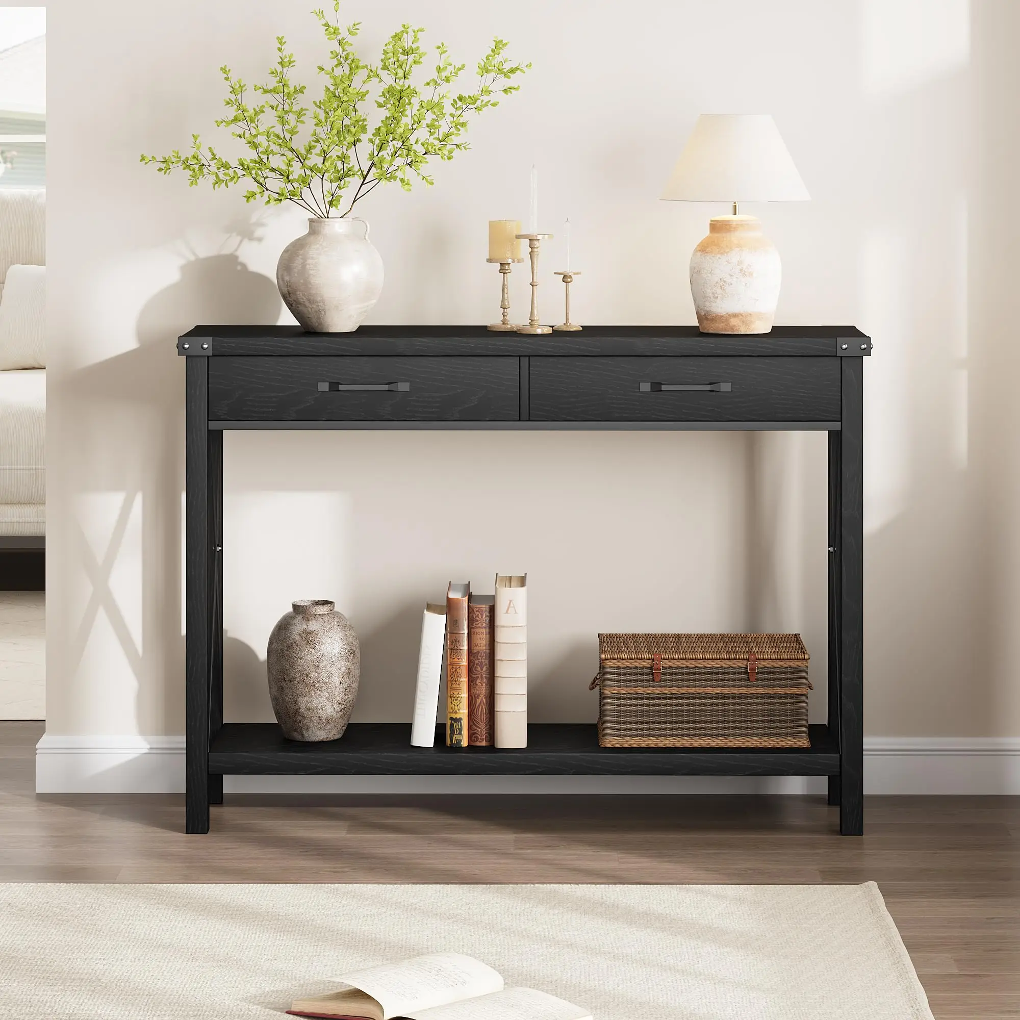 

Wooden Entryway Table, Farmhouse Console Table with 2 Drawers, Sofa Table with Storage for Living Room, Hallway Foyer Table Home