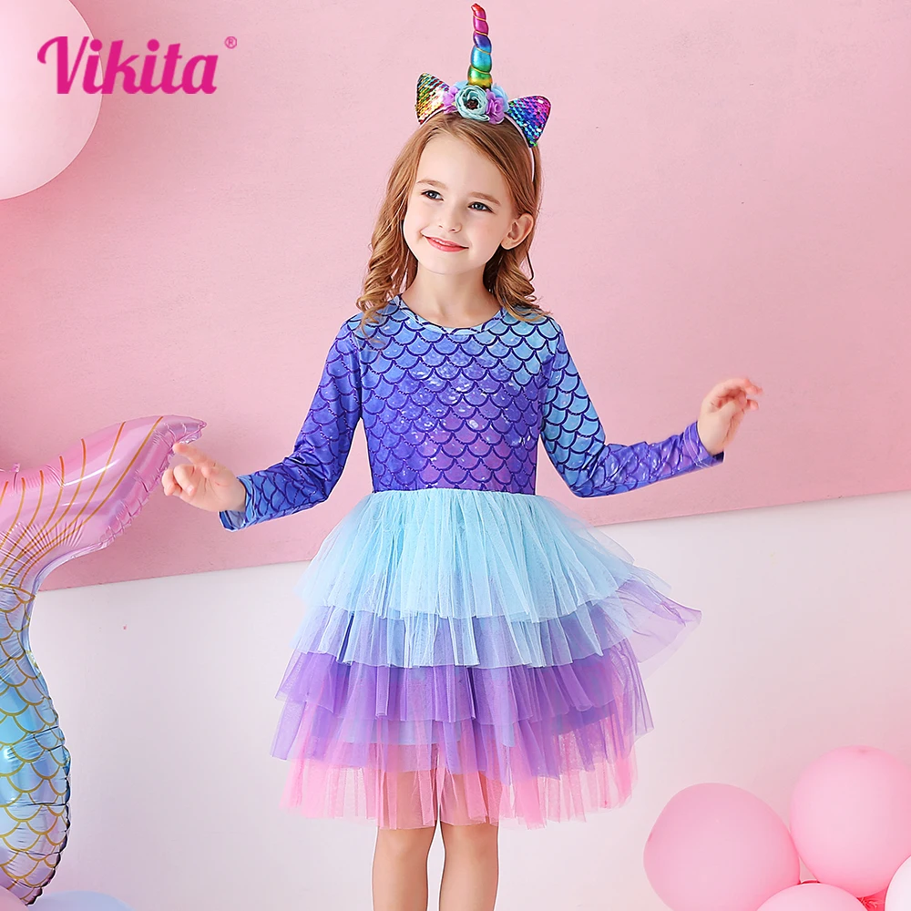 VIKITA Girls Mermaid Print Princess Dress Girl Cake Layered Performance Tutu Dresses Kids Long Sleeve Autumn Winter Party Dress