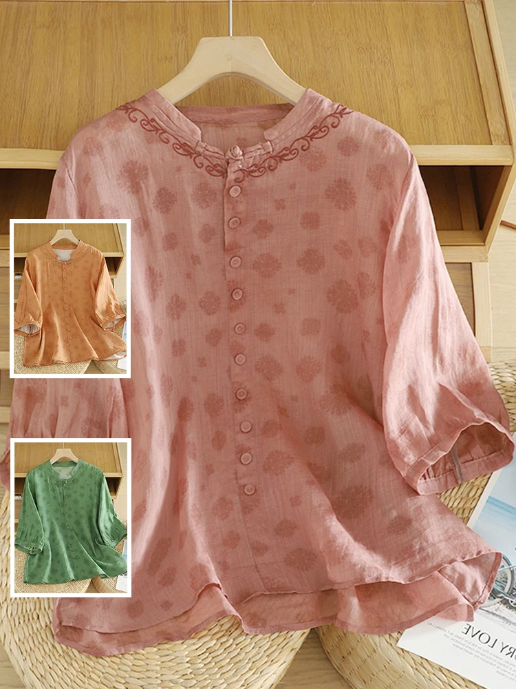 

Casual Cotton Linen irt Artistic Print Embroidery Thin Large Size Women's Five Sve Single Button Stand Collar Leisure Ma...