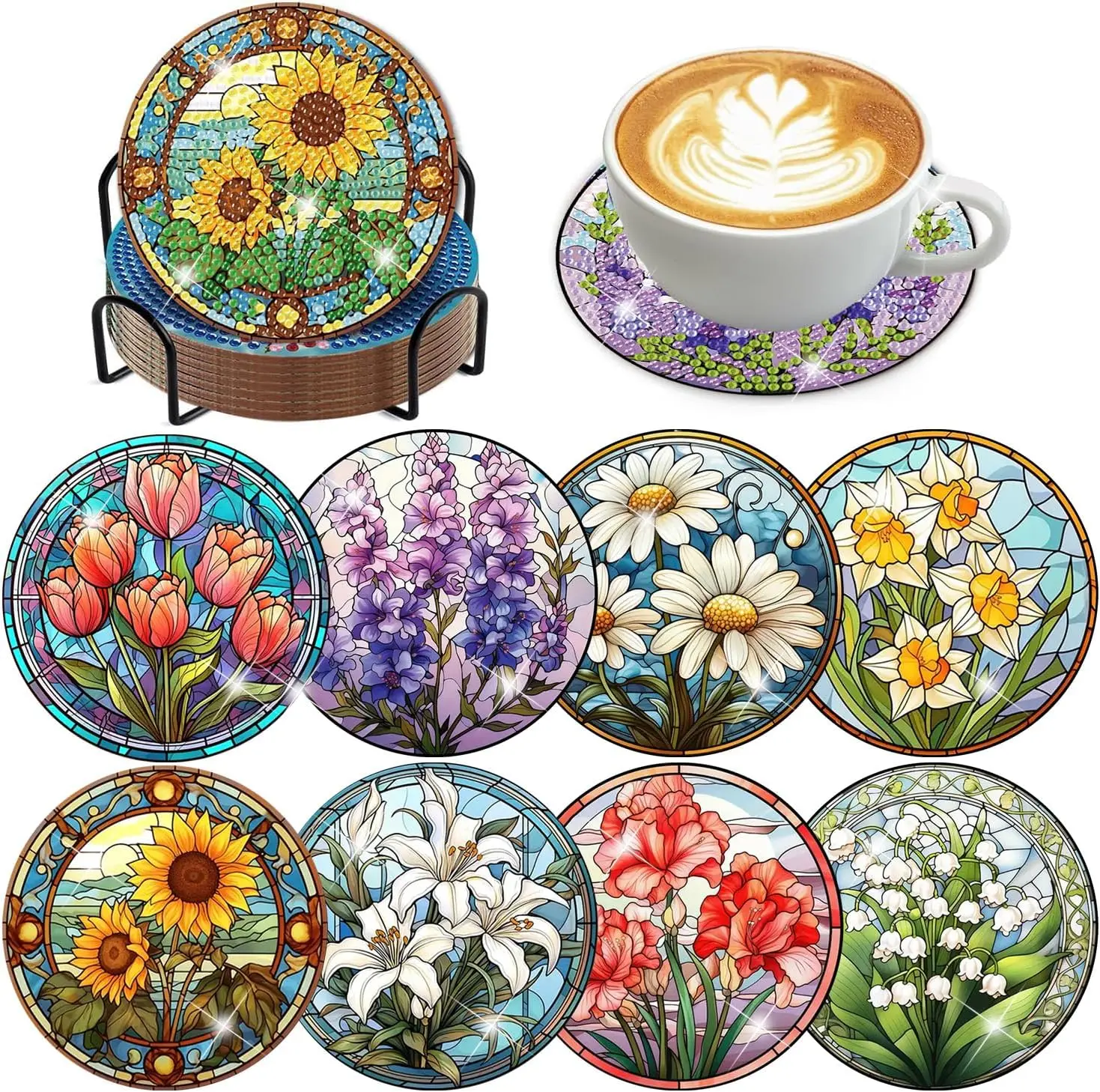 

8 Pcs Diamond Art Coasters Kit with Holder, DIY Diamond Painting for Adults Beginners, Sunflower Design
