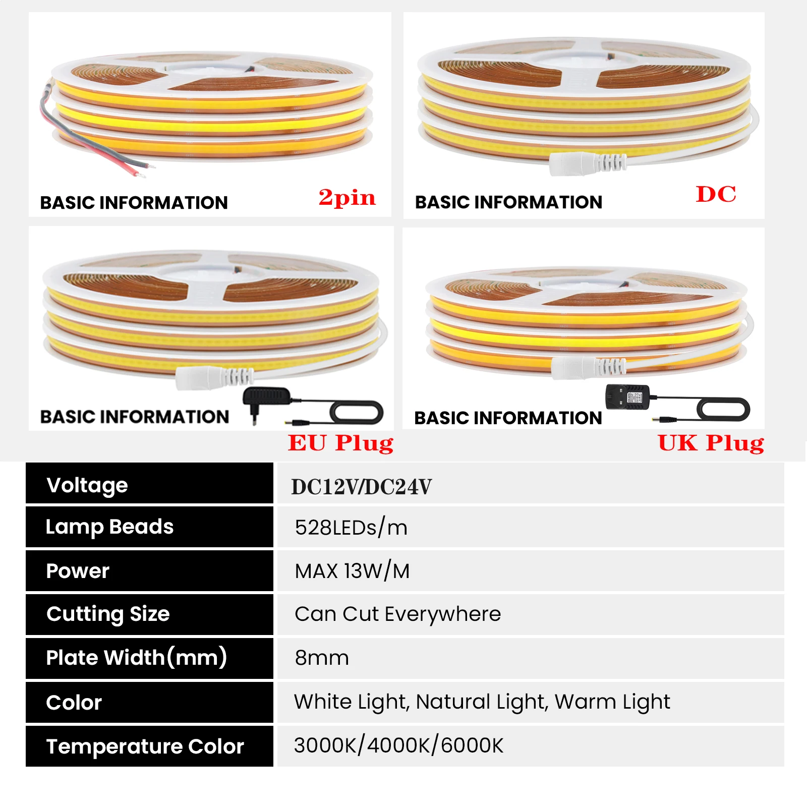 Bande lumineuse LED COB flexible avec adaptateur secteur UE, barre lumineuse linéaire, coupe libre, décor de chambre et de cuisine, PCB, DC 12V, 24V, 528 gible, m, 8mm