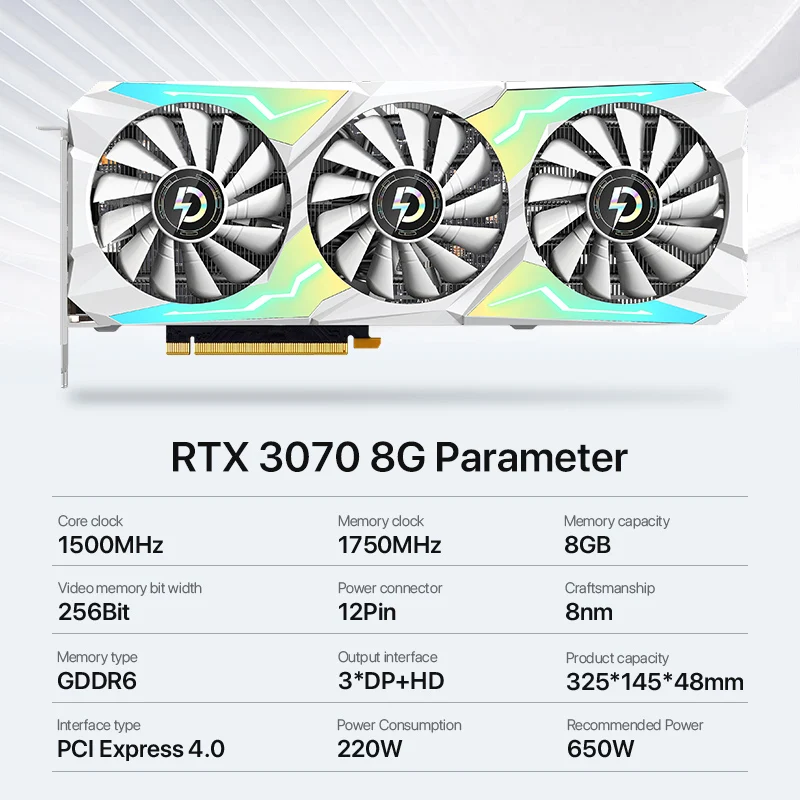 PELADN RTX 3070 8G Graphics Card GDDR6 GPU NVIDIA Computer PC PCI Express X16 4.0 RGB Gaming Video Card New RTX3070 8Gb