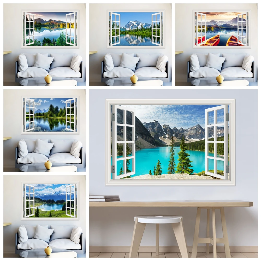 

3D Window View Lake Landscape Wall Sticker Waterproof Wallpaper For Living Room Kitchen Decor Vinyl Decal Wall Stickers Poster