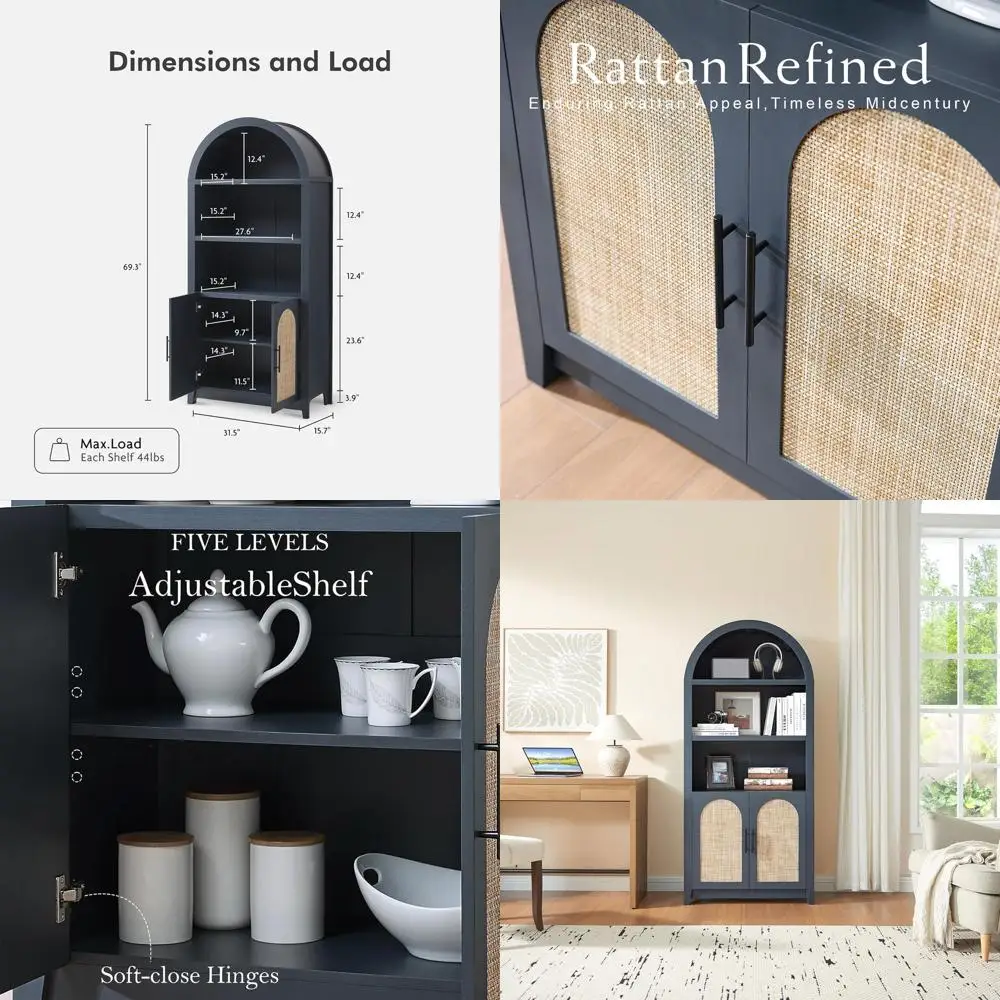 

Арочная витрина из ротанга, 69,3 дюйма в высоту, синяя, с открытыми полками для гостиной или столовой