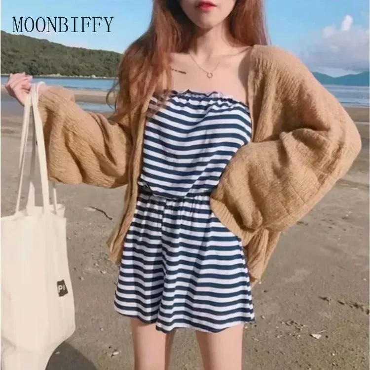 2024 Summer Knitted Cardigan Cardigan lazy loose Hollow soild color long-sleeved air-conditioned shirt Cropped Sweter Cardigan