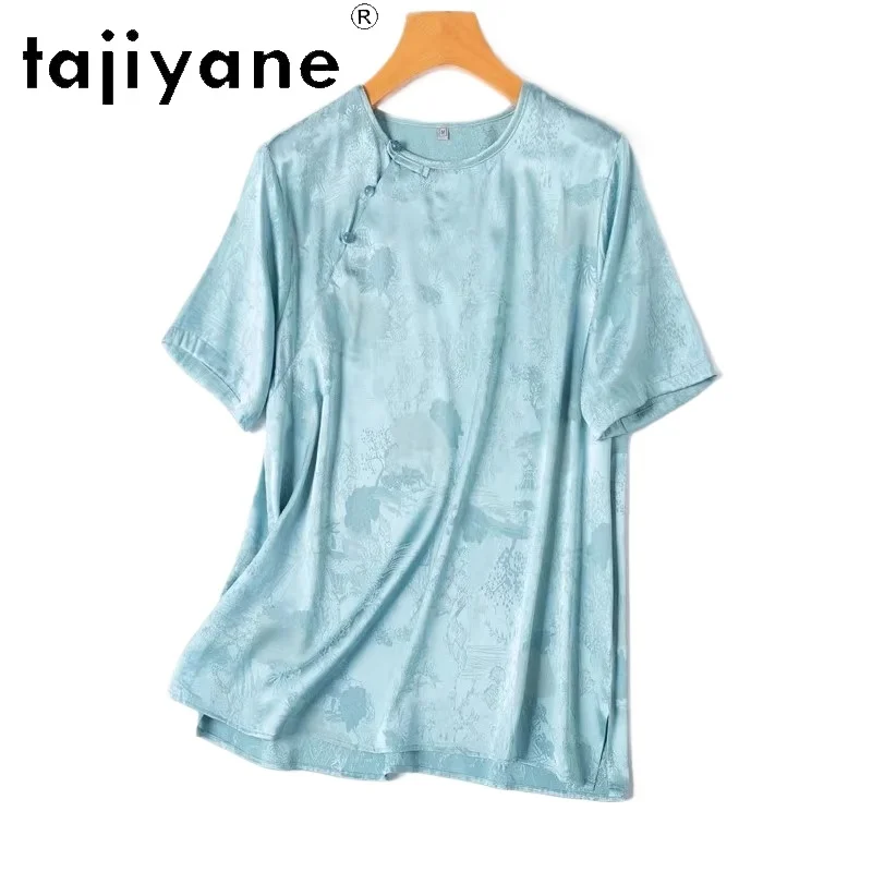 

TAJIYANE 92% Mulberry Silk T Shirts for Woman Luxury Jacquard Blue T Shirt Short Sleeve Summer Tops 2025 Ladies Clothes Футболка