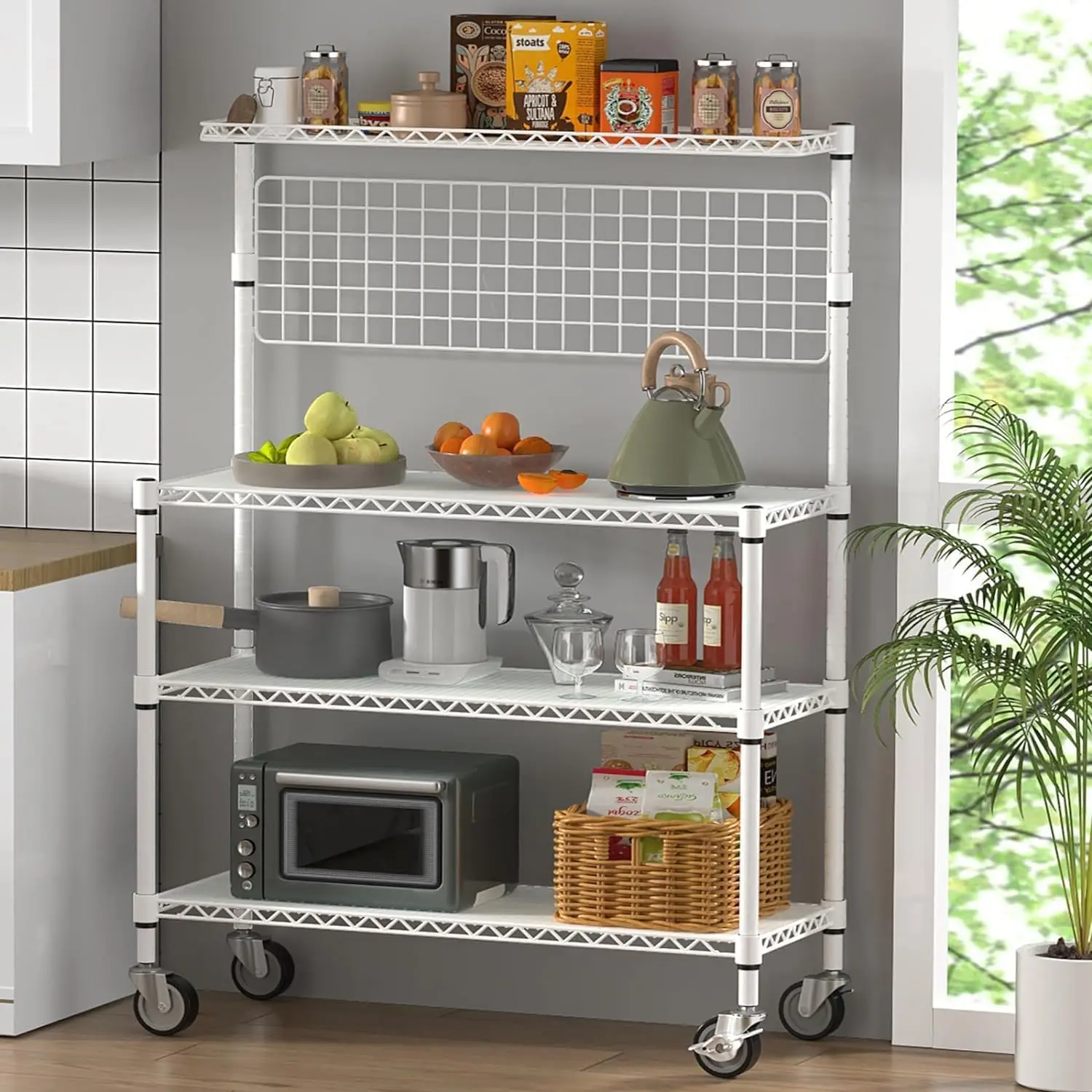 

Bakers Ra With Storage & Wheels, 42 H Microwave Stand Kitchen Shelves, 4-Tier Heavy Duty Storage Ra With 20 S-Hooks, Commercial