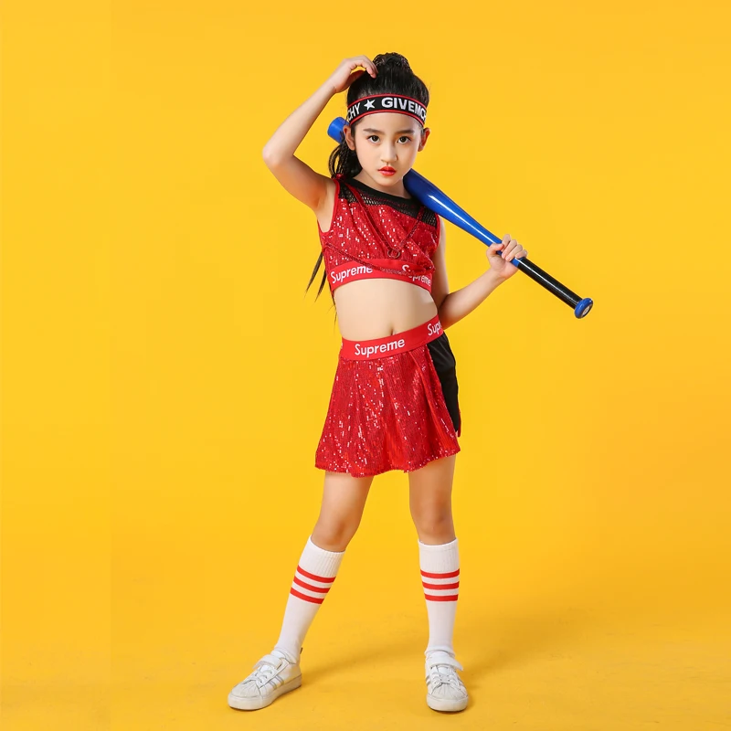 Bambini Stage Dancewear Kid Hip-Hop Red Hip Hop Jazz Dance Costume Suit Paillette Modern Dress Girl Cheerleading Clothes