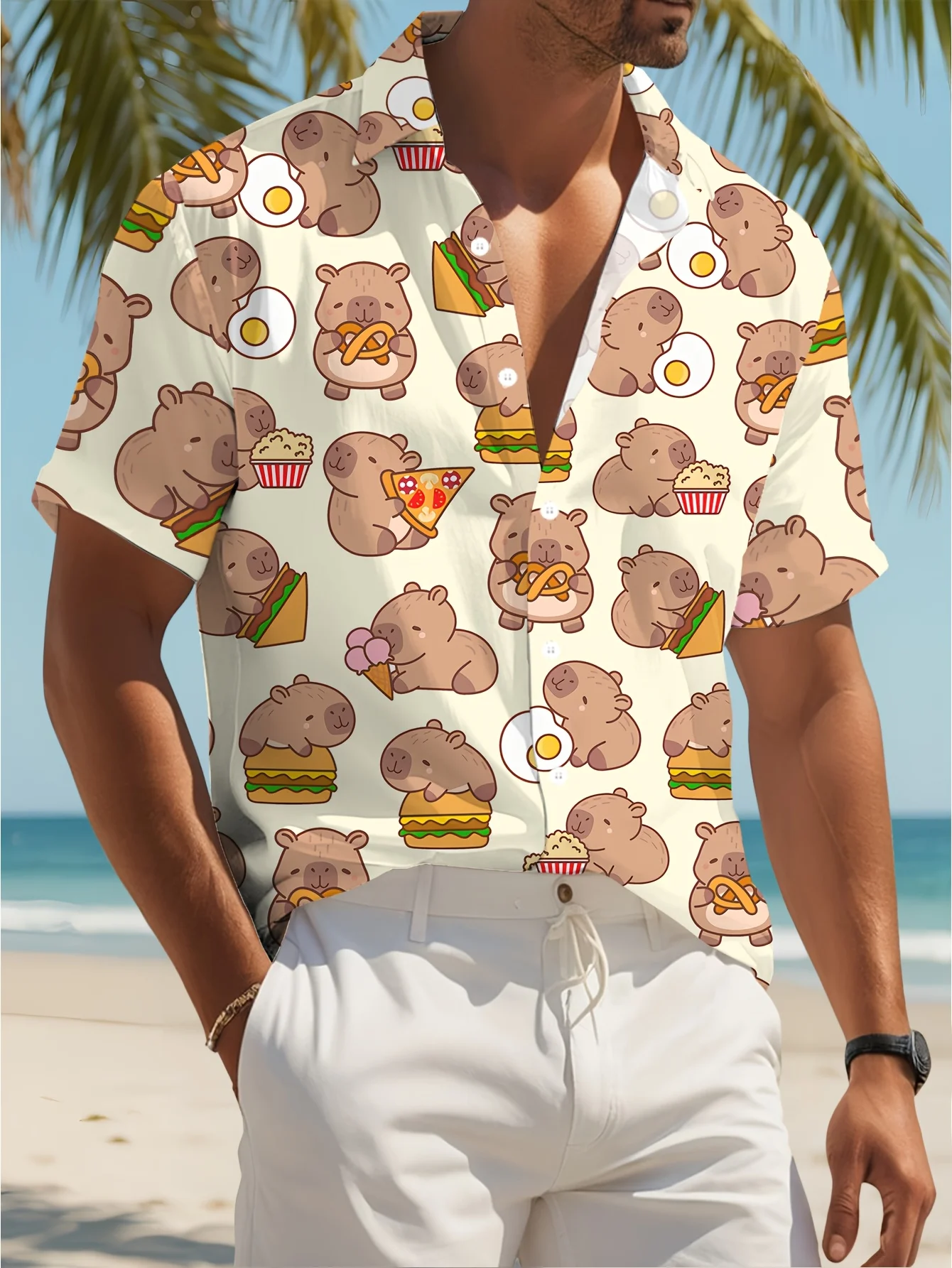 

Men'S Casual Capybara Print Shirt, Summer Beachwear with Cartoon Fast Food & Burger Design, Vacation or Casual Attire