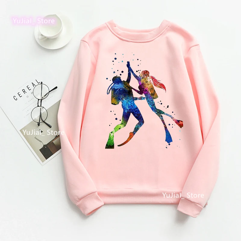 

Watercolor Scuba Diving Lover Printed Sweatshirt Women'S Clothing Sport Art Funny Hoodies Femme Harajuku Tracksuit Jumper Tops