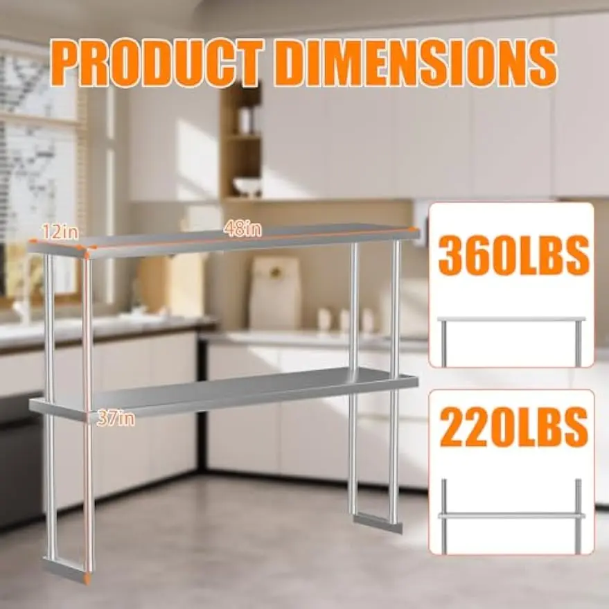 Double Shelf Stainless Overshelf Worktable Prep Table Storage Rack Kitchen Restaurant Garage Utility