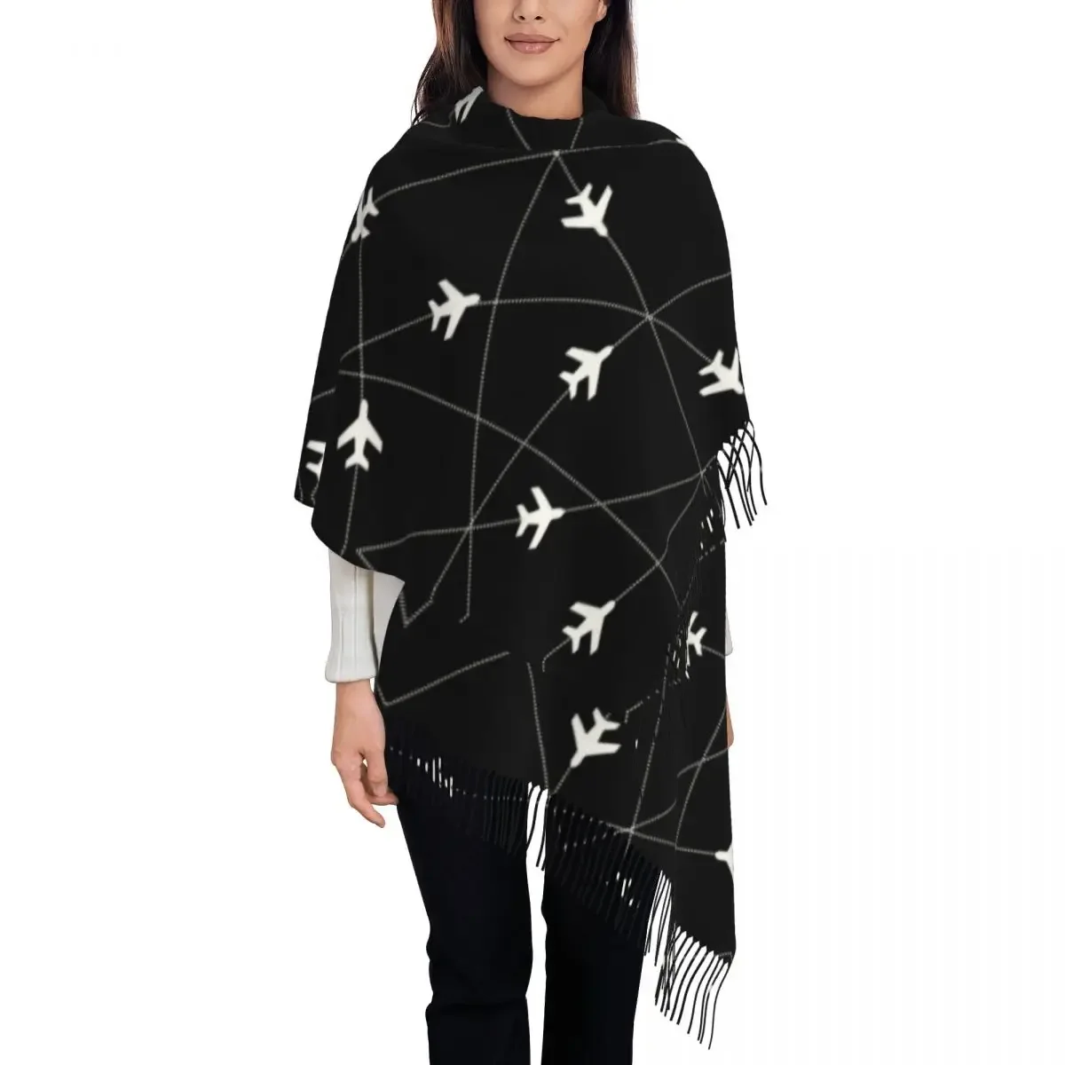 Custom Air Traffic Controllers Tassel Scarf Women Winter Warm Shawl Wrap Female Fighter Pilot Aircraft Scarves