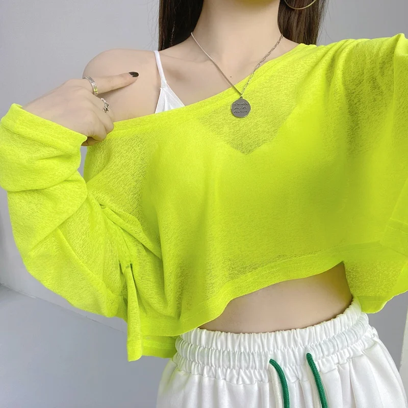 

Укороченный топ с высокой талией Me ort, футболка Long Sve Dance, флуоресцентная прозрачная повседневная хлопковая женская футболка свободного покроя