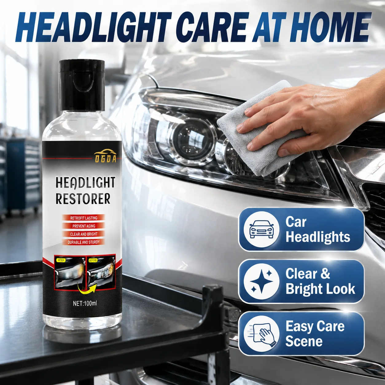 Car Headlight Restoration Fluid. Quickly Removes Yellowing and Haze. Restores Crystal Clear Vision for Safe Night Driving.