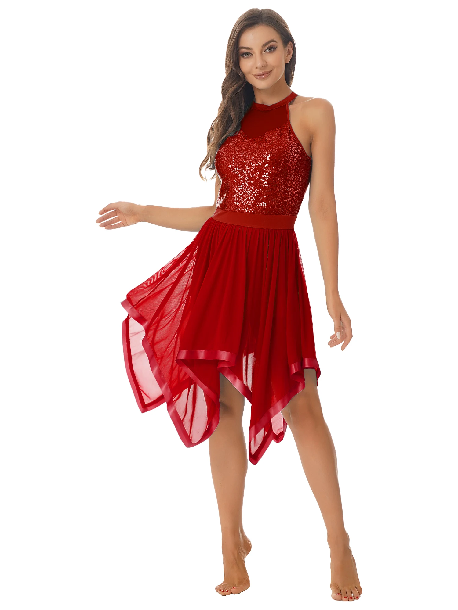 

Женское современное платье с асимметричным подолом, платье без рукавов с блестками для латиноамериканской джазовой балетки, трико с юбкой, костюм для выступления