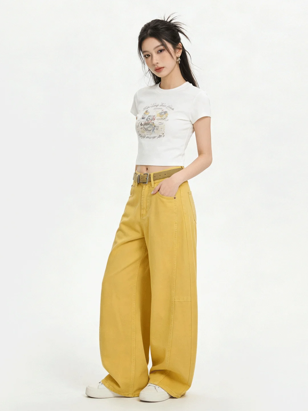 

Soft Yellow Denim Jeans High Waist Loose Fit Slimming Knife Floor-Length Korean Sle Ladies Jeans Breathable Comfortable