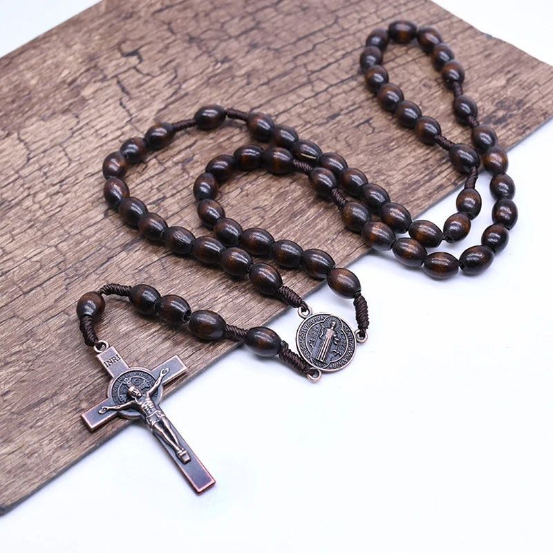 Vintage Jesus Cross Catholic Wood Beads Religious Prayer Pendant Necklace Jewelry