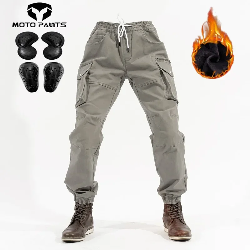 Motorcycle Riding Pants Men's Women's Winter Warm Anti-fall Elastic Waist Slim-fit Ankle Banded Pants Multi-pocket Cargo Pants