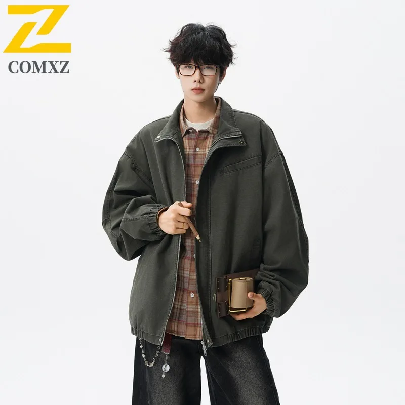 

​ ​ COMXZ 2025 новая мужская потертая рабочая куртка Faded джинсовое пальто винтажный американский стиль свободного покроя осенняя повседневная уличная одежда ​ ​