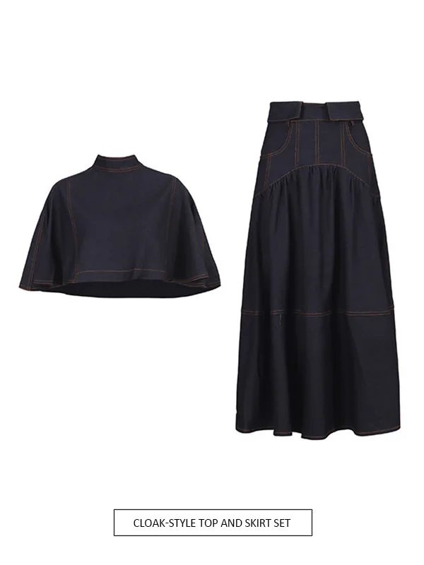  High Waist Denim Cowl Neck Coat Style Women's Fashion Set Casual Autumn Collection Chinese Brand 1989 Trendy Outfit