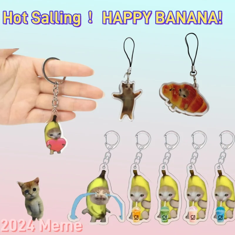 Happy Banana Cat Pendant Keychain Funny Cry Resin Key Chain Bread Cats Keyring For Student Girls Gift Bag Accessories 2024 Meme