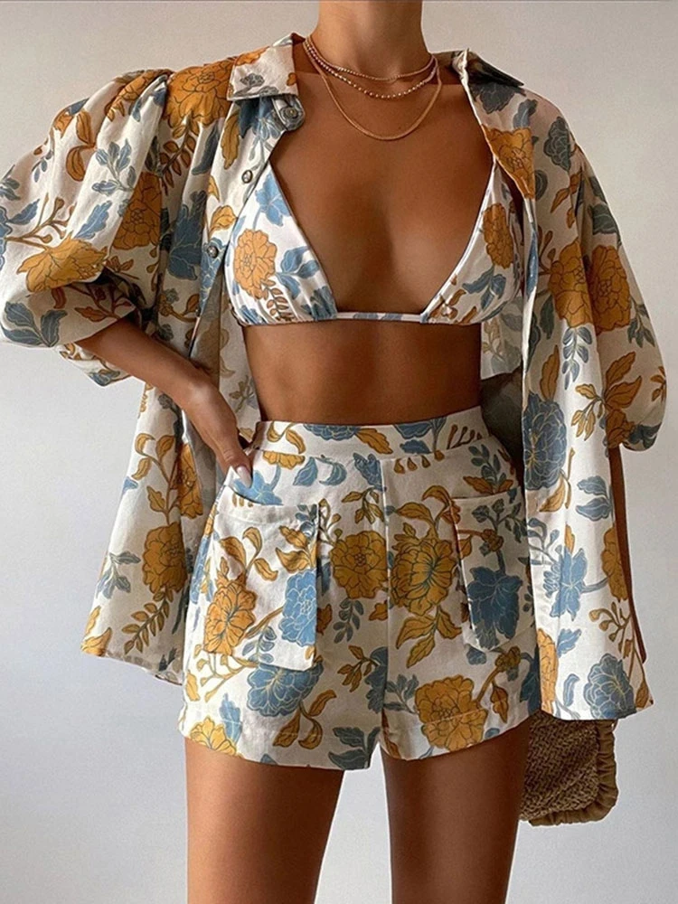 

Pajamas Short Sets Fashion Printed Women Three Piece Loose Short Sleeved Shirt With Shorts Suit Summer Casual Streetwear Outfits