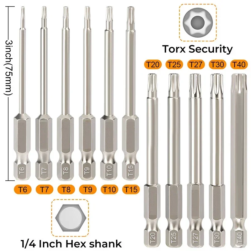 11Pcs Security Torx Bit Set Impact Rated Tamper Resistant Star Bit Set 75mm 1/4 Inch Hex Torx Screwdriver Bit Set