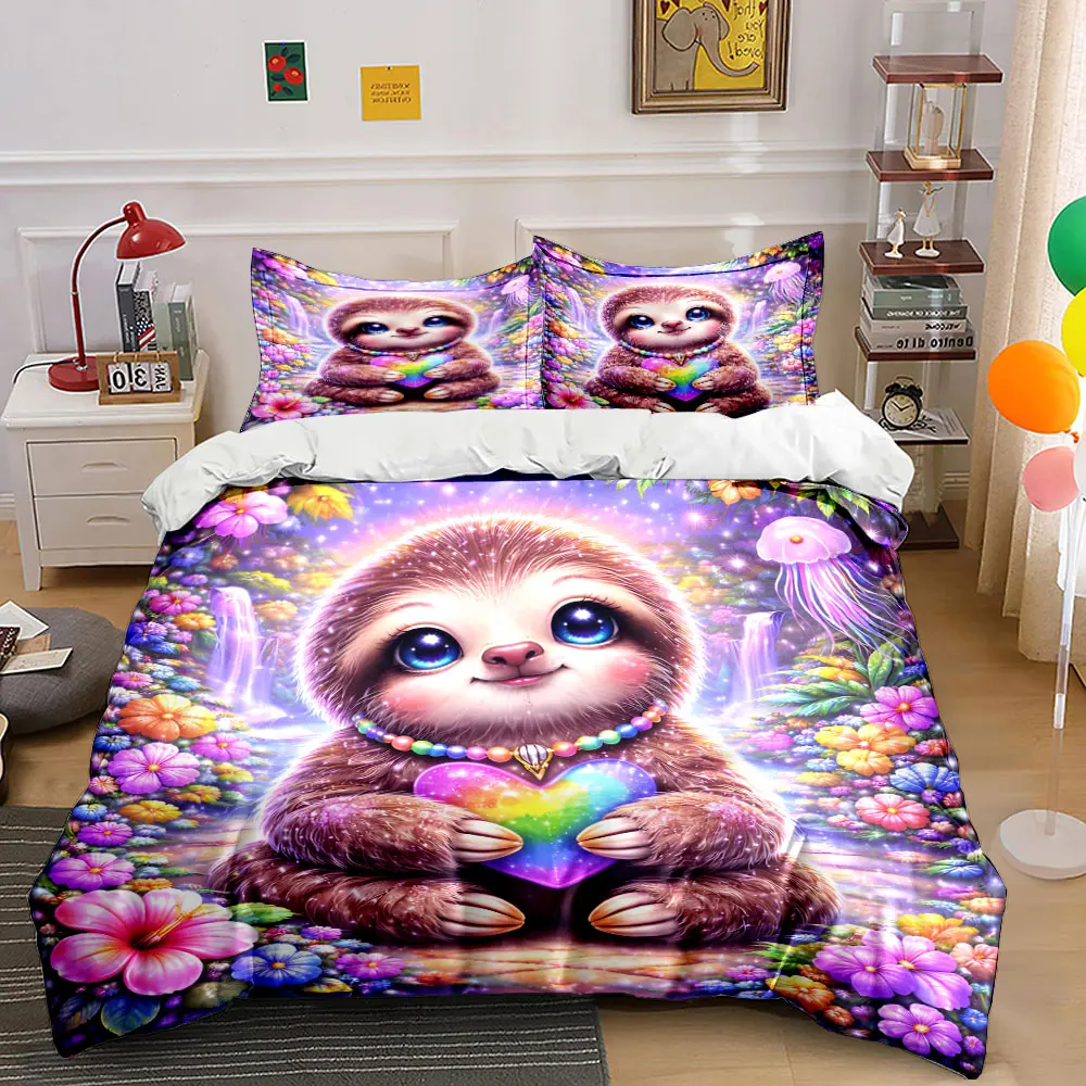 

Dreamy Forest Sloth Rainbow Heart Printed Duvet Cover Set1 Duvet Cover+2 PillowcaseMulti Size Bedroom Bedding Decor