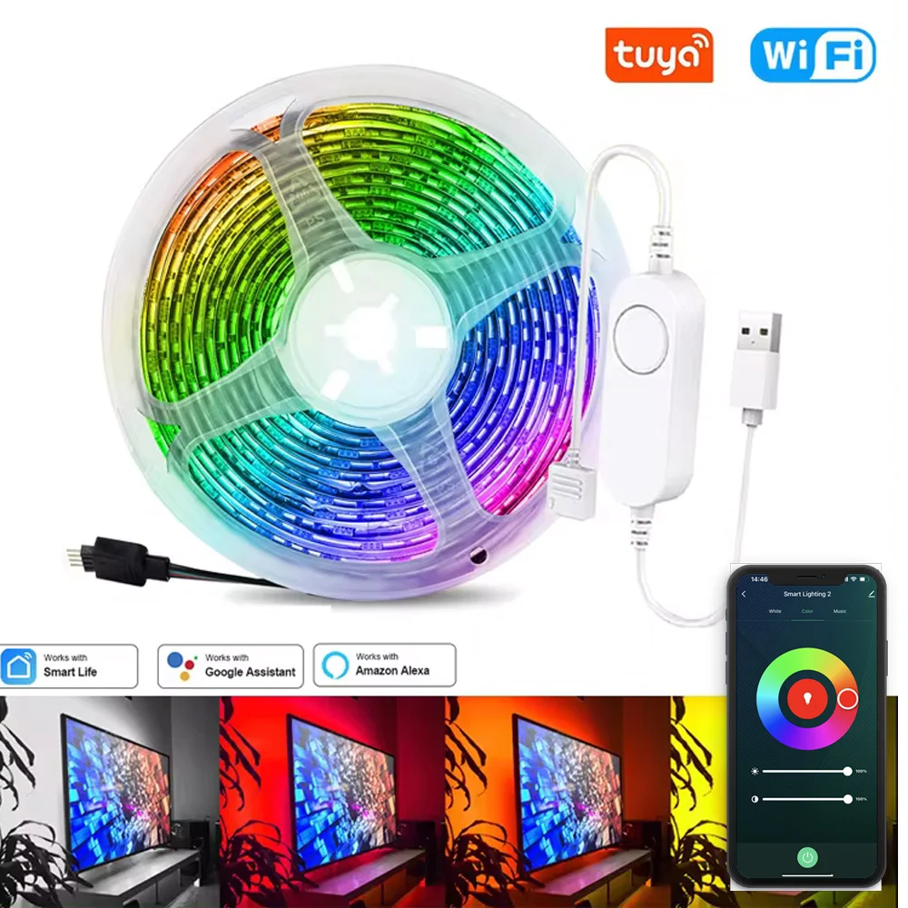 

USB RGB светодиодная лента Wi-Fi ТВ Подсветка полос SMD 5050 RGB Ленточная лампа ТВ Фон Ночной свет Голосовое приложение для Alexa Googlehome