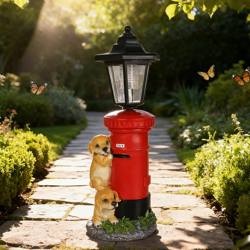 Solar Hexagonal Light with Dog Lying on Mailbox Sculpture Home Garden, Courtyard, Pathway, and Entrance Decorative Light Fixture